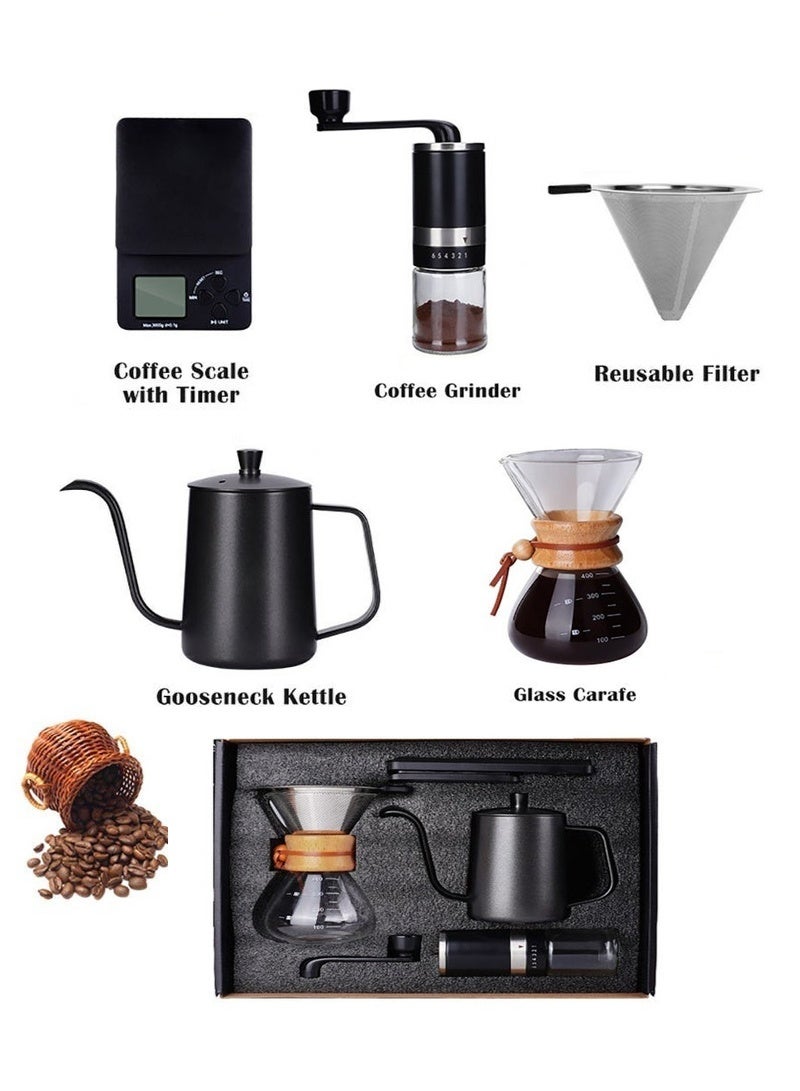 V60 coffee set, manual coffee accessory set, all in a portable travel bag 57*16*27cm,Coffee Kettle with Drip Filter Coffee Share Pot, Filters, Coffee Scale, Double wall Mug, Manual Coffee Grinder