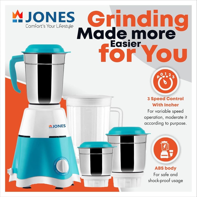 JONES خلاط جونس ثاندر برو 750 واط مع 4 أوعية للطحن، الخلط، والعصير مع محرك قوي (أزرق وأبيض، 4 أوعية) - Image 3