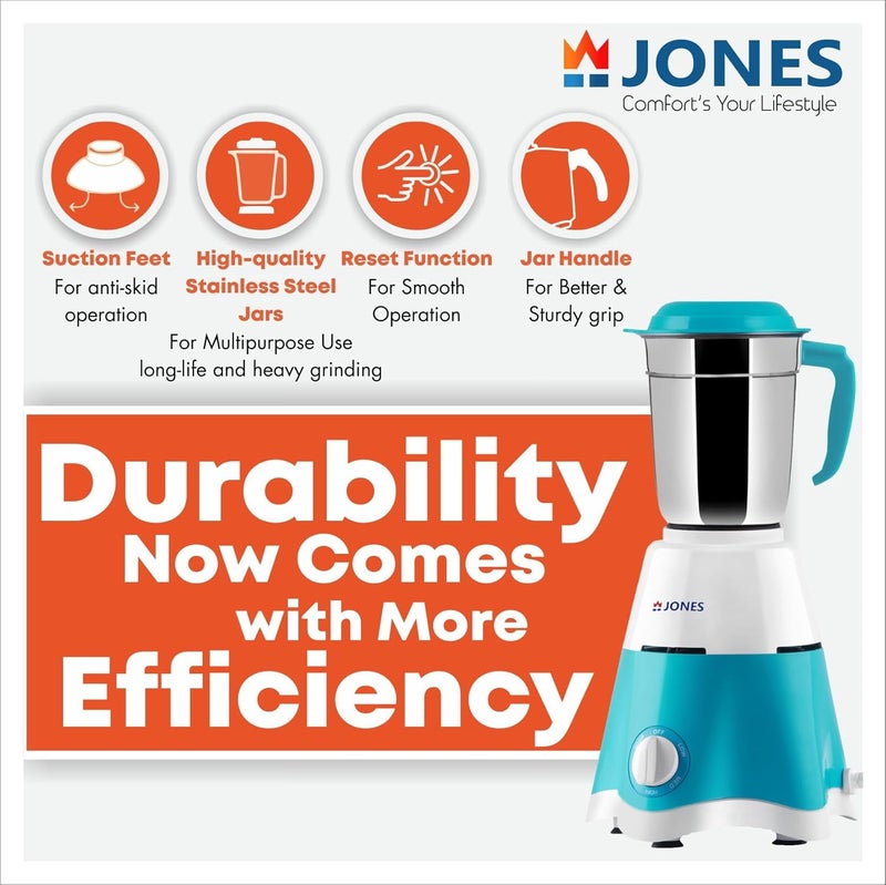 JONES خلاط جونس ثاندر برو 750 واط مع 4 أوعية للطحن، الخلط، والعصير مع محرك قوي (أزرق وأبيض، 4 أوعية) - Image 4