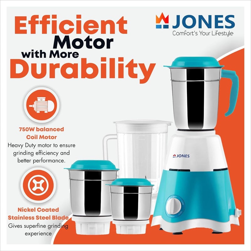 JONES خلاط جونس ثاندر برو 750 واط مع 4 أوعية للطحن، الخلط، والعصير مع محرك قوي (أزرق وأبيض، 4 أوعية) - Image 2