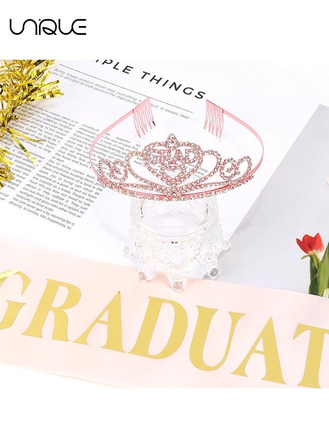 Unique 2Pcs Graduation Party Supplies Kits, for Grad Party Decorations, Rose Gold Tiara and Glitter Sash with Gold Foil for Graduation Party Supplies, Grad Gifts for Women Girls - Rose Gold - Image 5