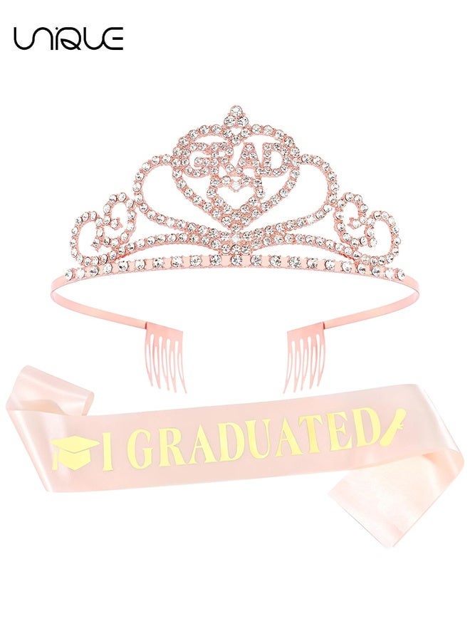 Unique 2Pcs Graduation Party Supplies Kits, for Grad Party Decorations, Rose Gold Tiara and Glitter Sash with Gold Foil for Graduation Party Supplies, Grad Gifts for Women Girls - Rose Gold - Image 1