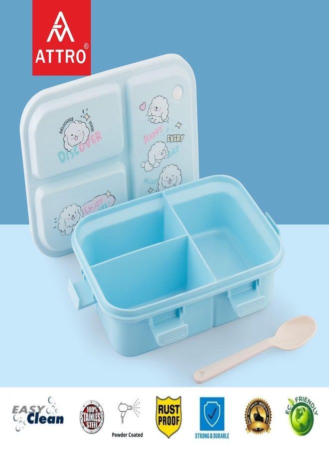 ATTRO Joy Kins Plastic Lunch Box – 3 Compartment Bento Tiffin, Leak-Proof & Durable, Plastic Spoon, Ideal for Kids, School, Picnic– 1260ml, Blue - Image 4