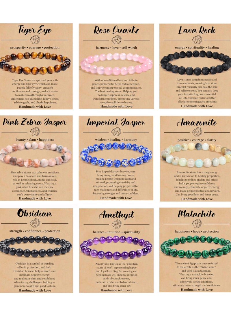 Y&D 9PCS Crystal Bracelets - 8mm Gemstone Beaded Round Gemstones Stretch Bracelet Conquer Fear Yoga Jewelry Gifts Precious Unisex - Image 1