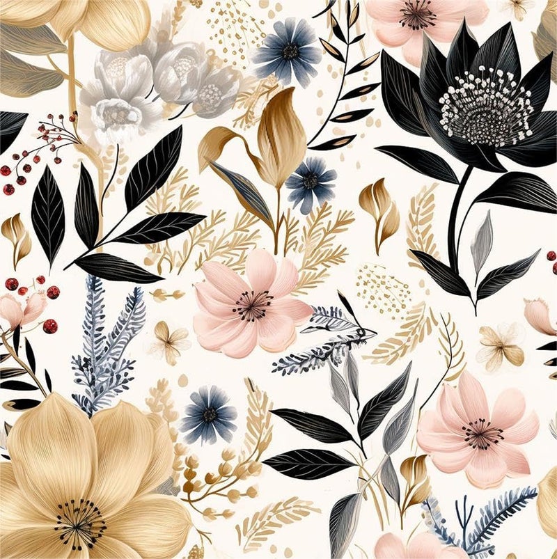 MuralPeel WhitePinkGold Floral Garden Black Blue Flowers Vintage Peel and Stick Wallpaper Self Adhesive Removable Easy Peel Off Contact Paper Stick on Wall Paper for Bedroom Cabinet Renter Friendly