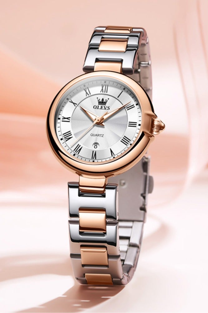 أوليفز ساعة كوارتز نسائية بتصميم فاخر أنيق، مرصعة بالكريستال، بسوار من الفولاذ المقاوم للصدأ، مقاومة للماء مع وظيفة التقويم - Image 1