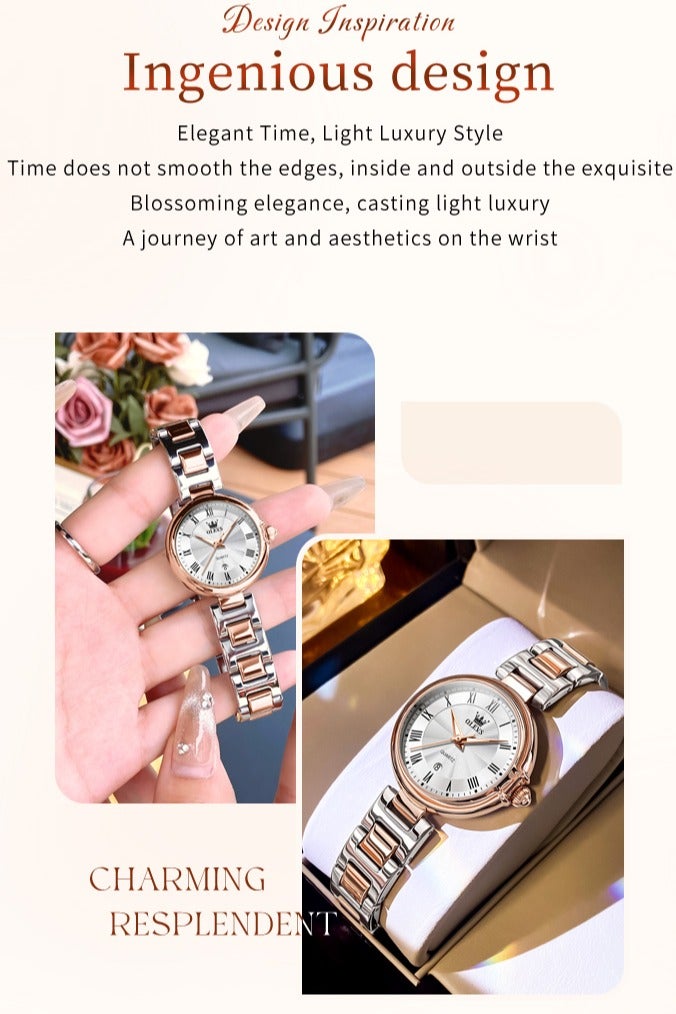 أوليفز ساعة كوارتز نسائية بتصميم فاخر أنيق، مرصعة بالكريستال، بسوار من الفولاذ المقاوم للصدأ، مقاومة للماء مع وظيفة التقويم - Image 2