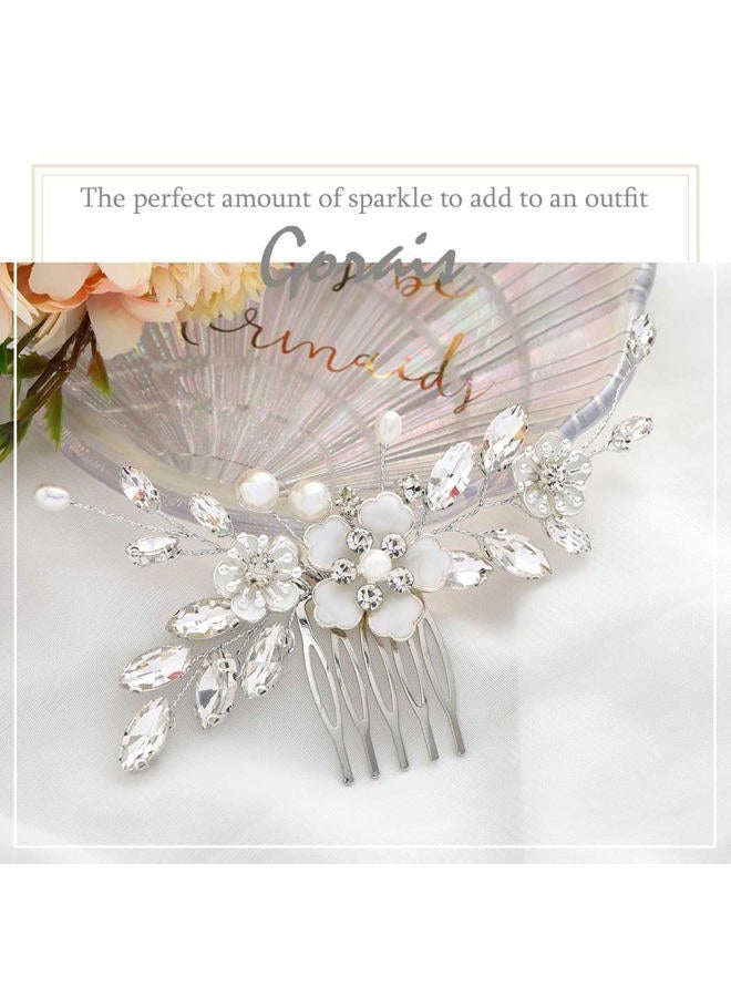 Gorais Bride Wedding Hair Comb Silver Flower Bridal Hair Piece Crystal Side Combs Hair Accessories for Women and Girls (A-Silver) - Image 5