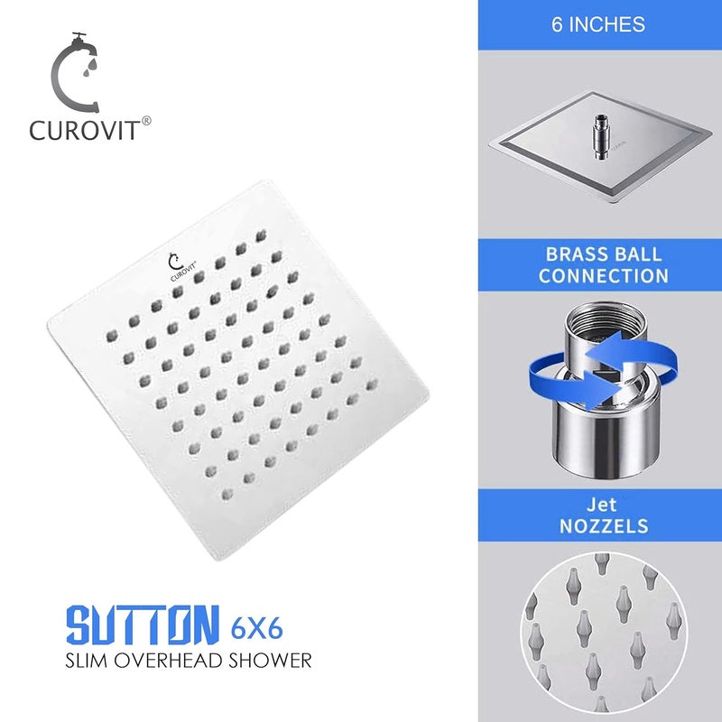 CUROVIT CUROVIT Stainless Steel SUTTON 6 x 6 Square Ultra Slim Overhead ShowerRain Shower Without Arm in Chrome Finish for Bathroom  - Image 5