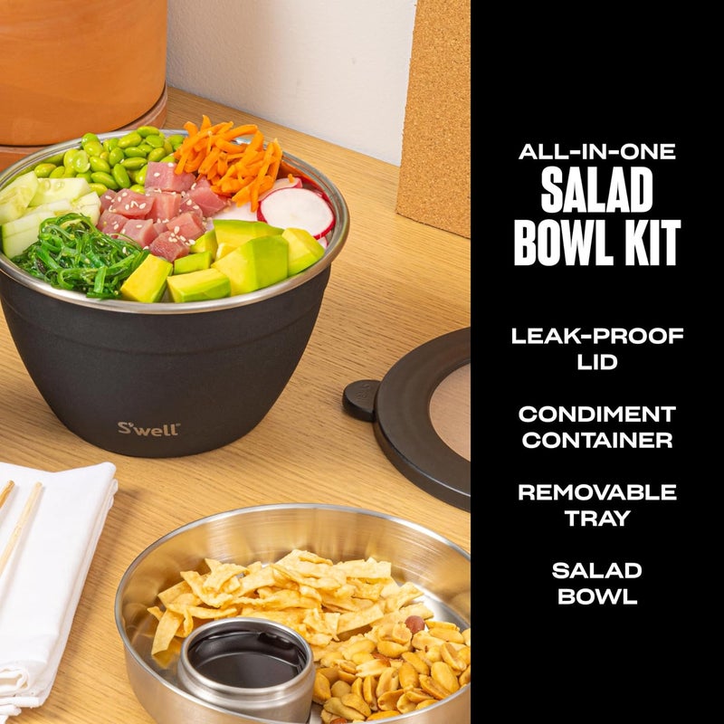 S'well Stainless Steel Salad Bowl Kit - 64oz, Onyx - Comes with 2oz Condiment Container and Removable Tray for Organization - Leak-Proof, Easy to Clean, Dishwasher Safe - Image 2
