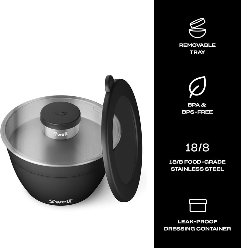 S'well Stainless Steel Salad Bowl Kit - 64oz, Onyx - Comes with 2oz Condiment Container and Removable Tray for Organization - Leak-Proof, Easy to Clean, Dishwasher Safe - Image 3