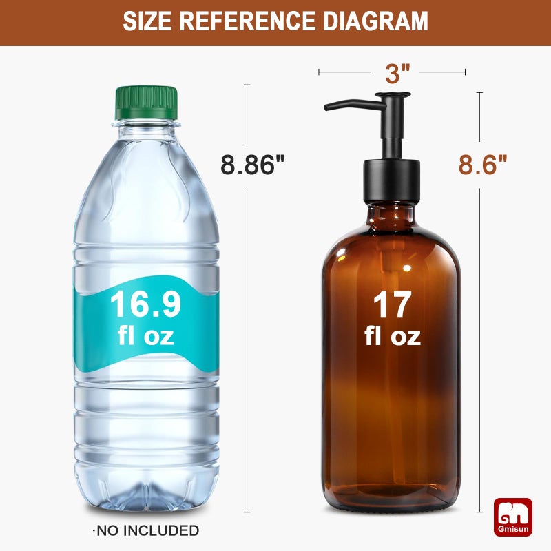 GMISUN Amber Glass Soap Dispenser, 2 Pack Bathroom Hand Soap Dispensers with Stainless Steel Pump, 17 Fl Oz Kitchen Hand and Dish Soap Dispenser Set, Modern Vintage Liquid Brown Soap Dispensers Bottle - Image 2