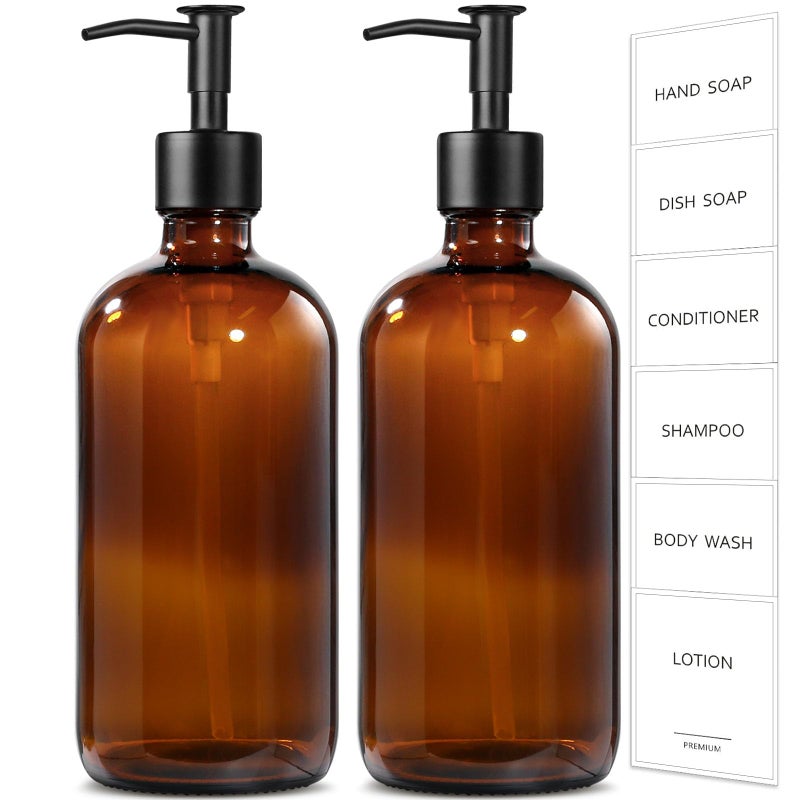 GMISUN Amber Glass Soap Dispenser, 2 Pack Bathroom Hand Soap Dispensers with Stainless Steel Pump, 17 Fl Oz Kitchen Hand and Dish Soap Dispenser Set, Modern Vintage Liquid Brown Soap Dispensers Bottle - Image 1