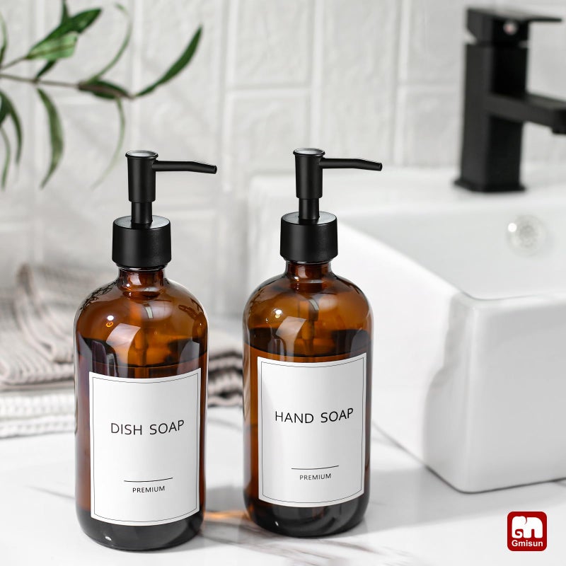 GMISUN Amber Glass Soap Dispenser, 2 Pack Bathroom Hand Soap Dispensers with Stainless Steel Pump, 17 Fl Oz Kitchen Hand and Dish Soap Dispenser Set, Modern Vintage Liquid Brown Soap Dispensers Bottle - Image 4