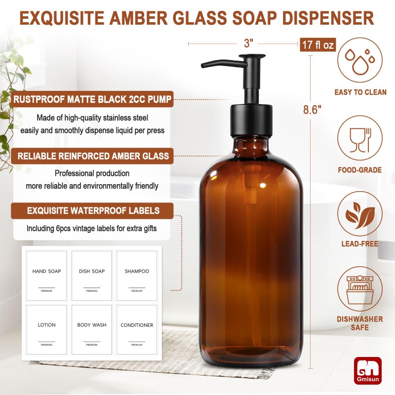 GMISUN Amber Glass Soap Dispenser, 2 Pack Bathroom Hand Soap Dispensers with Stainless Steel Pump, 17 Fl Oz Kitchen Hand and Dish Soap Dispenser Set, Modern Vintage Liquid Brown Soap Dispensers Bottle - Image 3