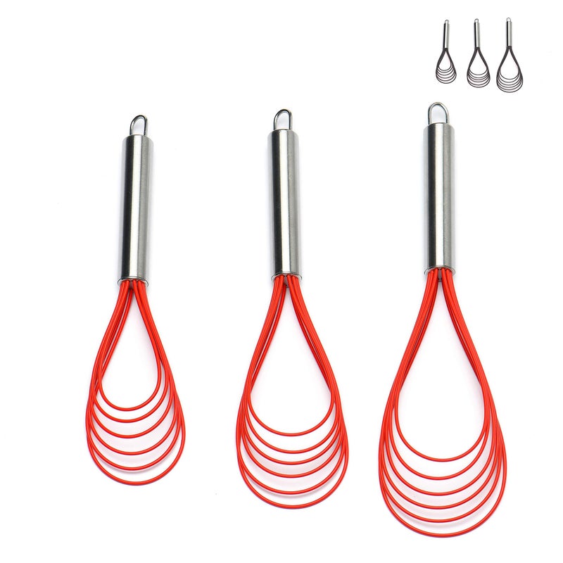 Flat Whisk SetStainless Steel 3 Pack 101112 Premium Sturdy6 Silicone Heads Non Stick Wires Whisk for Blending Beating Stirring Kitchen Cooking Color Red by JellCell