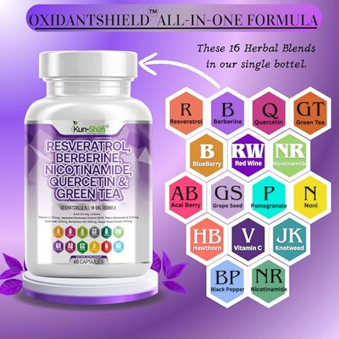 Berberine & Resveratrol Complex with Quercetin, Grape Seed, Green Tea, Vitamin C, and Nicotinamide Riboside – NAD+ & Antioxidant Polyphenol, Supplement for Men & Women – 60 Capsules - Image 3
