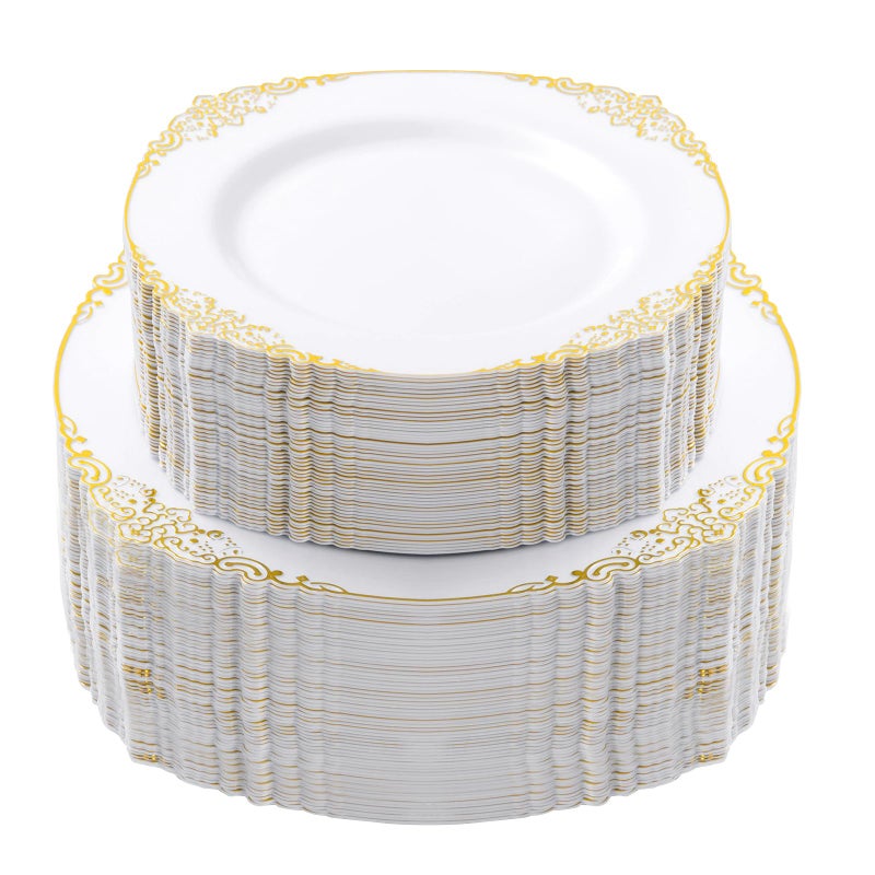 Bestluck 200 PCS White and Gold Plastic Plates for 100 Guests Gold Disposable Plates Include 100 PCS Dinner Plates 100 PCS Dessert Plates for Party Wedding and Graduation