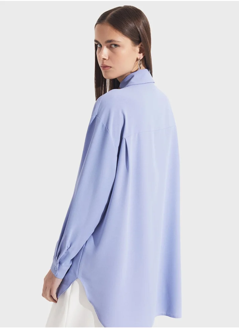 JUNE Embroidered Neck Button Down Shirt