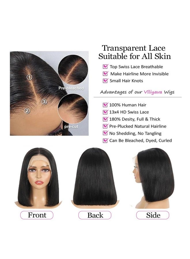 Vlliyava Bob Wig Human Hair for Women, 13x4 Pre-Plucked HD Transparent Lace Front Wigs,180% Density Short Straight Black Bob Wigs (14inch) - Image 4