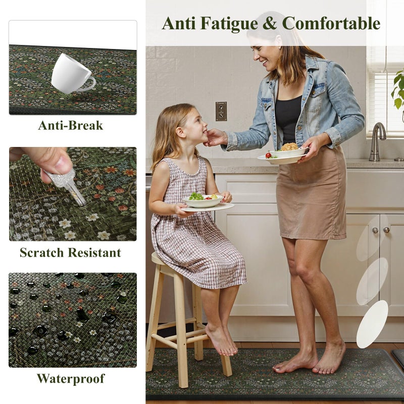 Collive Kitchen Mats for Floor, Cushioned Anti Fatigue Mat Dark Green Floral Rugs 2 Piece Non Skid Waterproof Sink Rug, Memory Foam Comfort Standing Mat for Office, Laundry, Desk - Image 5