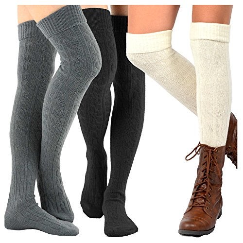 TeeHee Socks Cute Cable Cuff Crochet Fashion Over the Knee High Socks for Women & Girls 3 Pair (Dark Combo) - Image 1