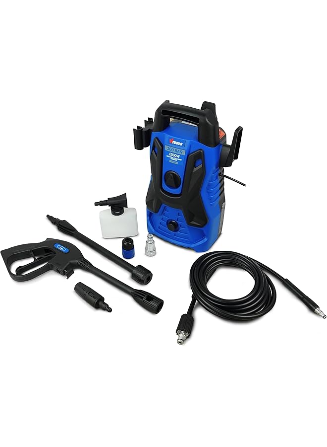 VTOOLS 100 Bar Electric Pressure Washer With 5 Meter Hose And Soap Dispenser 1300 Watt Auto Stop And Self Priming Mode For Car Home And Garden Blue Vt1508 - Image 1