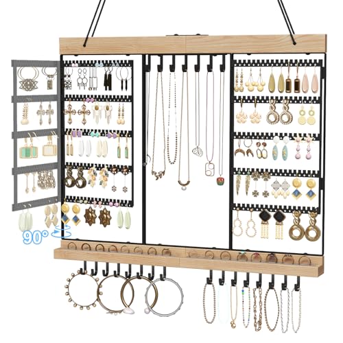 Feyejade Large Rotating Hanging Jewelry Organizer, 5-Tier Earring Holder Storage Holds up to 180 Pairs, Wall Mounted Jewelry Rack for Earrings, Necklaces, Bracelets and Rings, for Girls, Black - Image 1