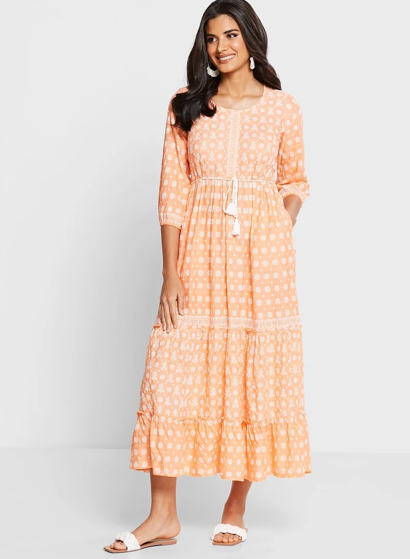 indya Peach Floral Tiered Maxi Kurta With Dori Belt