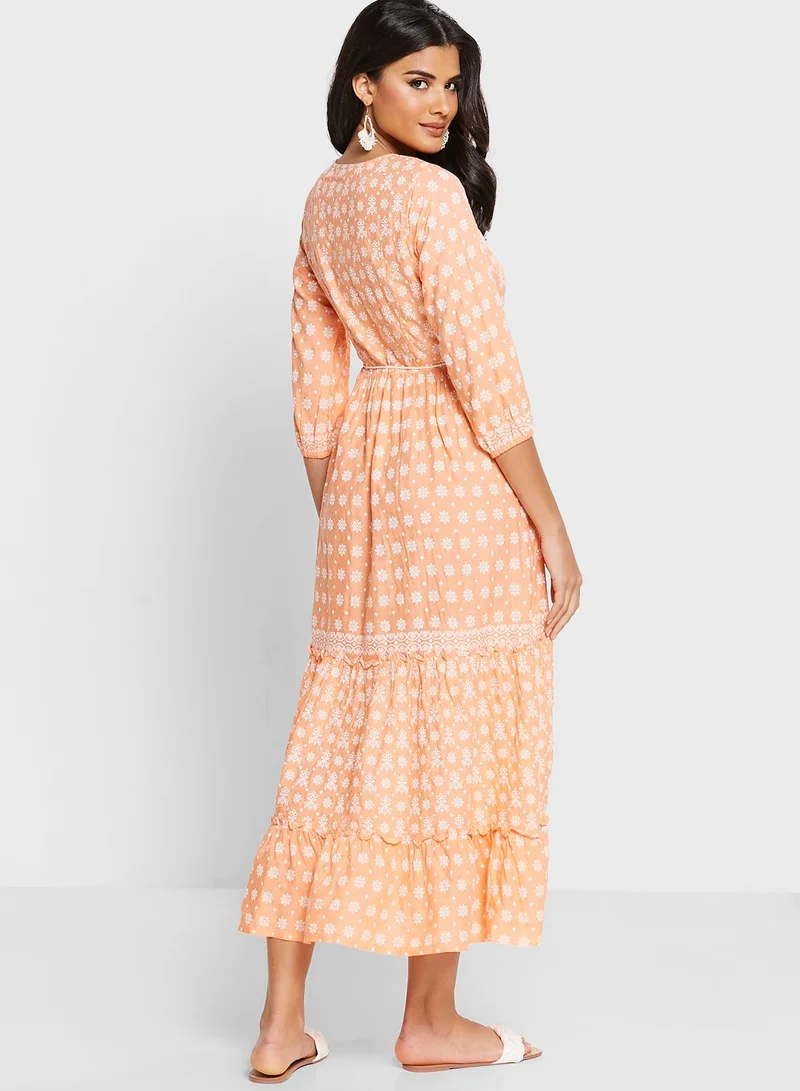 indya Peach Floral Tiered Maxi Kurta With Dori Belt