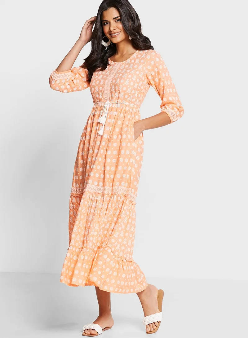 indya Peach Floral Tiered Maxi Kurta With Dori Belt