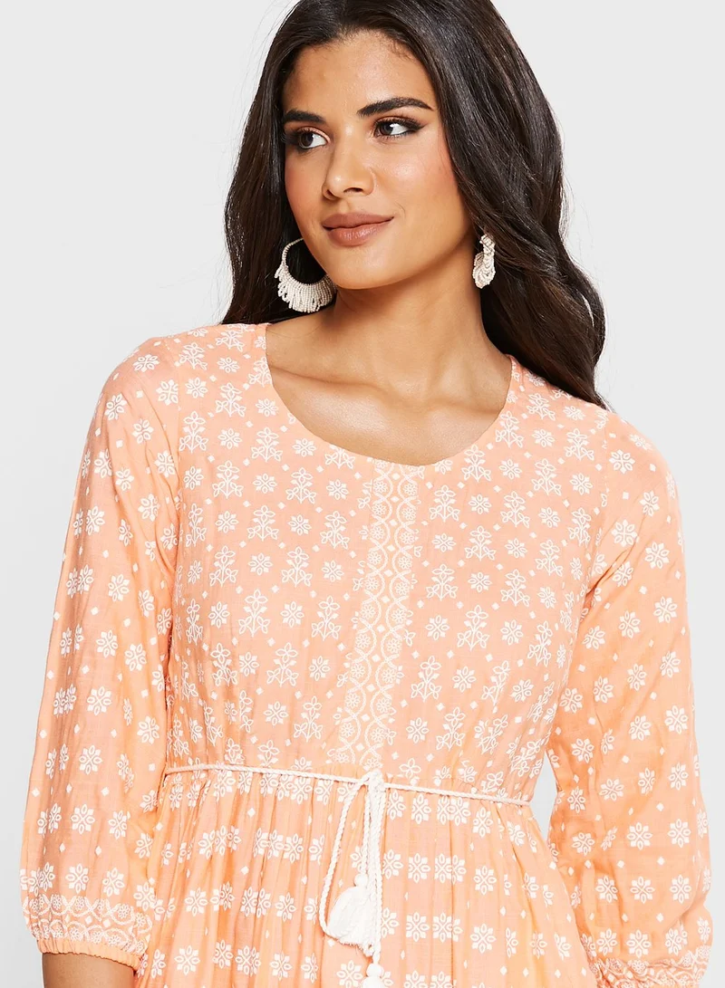 indya Peach Floral Tiered Maxi Kurta With Dori Belt