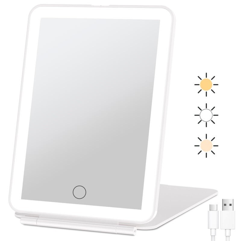USB Rechargeable Makeup Mirror with Light Portable Travel Vanity Light Adjustable with 72 Lights 3 Color Lighting Touch Screen Dual Power Supply Tabletop Cosmetic Mirror