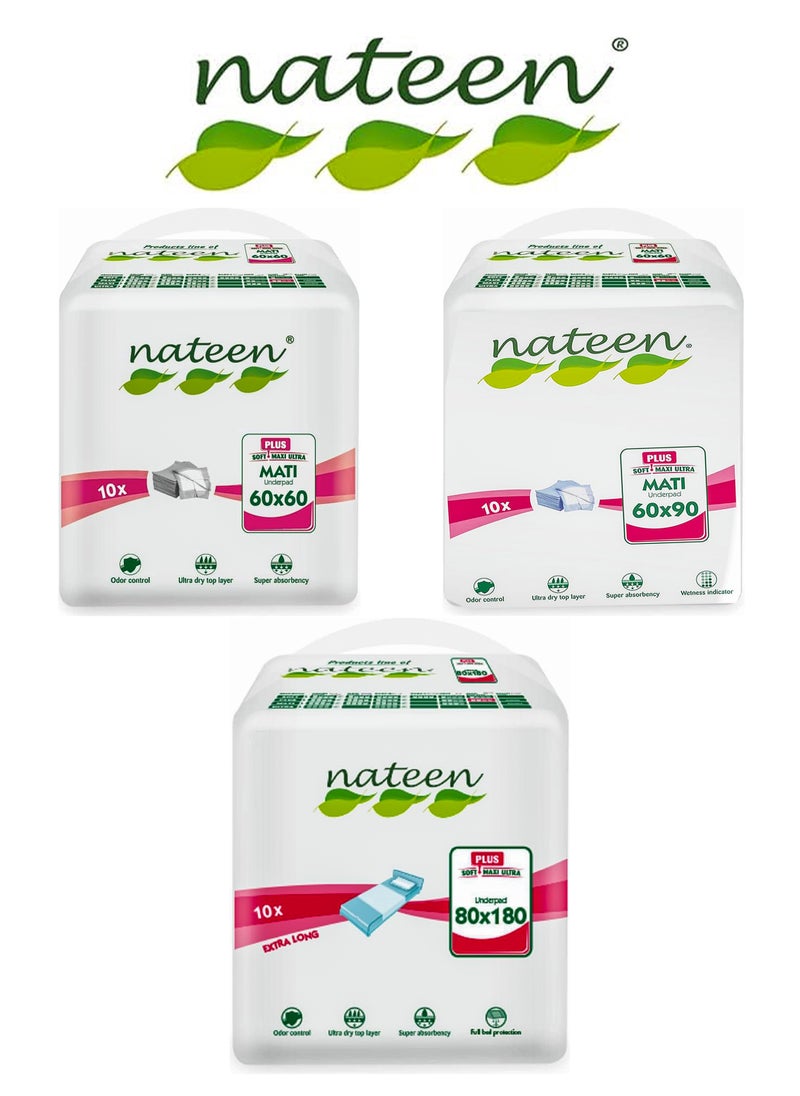 nateen - Super Absorbent Underpad Mati Plus Disposable Bed Pads For Incontinence High Absorbency Mats Anti Odor System Hypoallergenic 10 Count Pack - Image 1