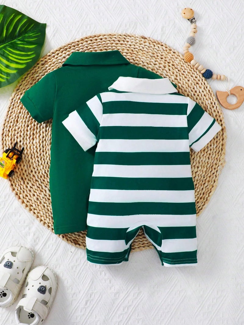 Baby Boy Girl Clothes Short Sleeve Polo Collar Romper Striped and Solid Infant Outfit Set 2PCS - Image 3