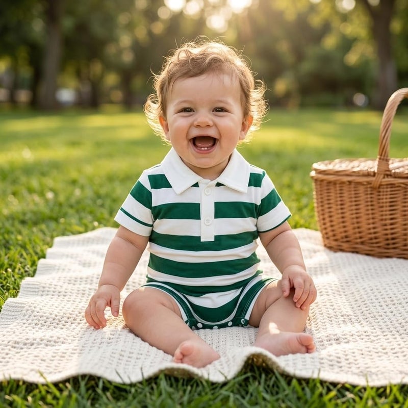Baby Boy Girl Clothes Short Sleeve Polo Collar Romper Striped and Solid Infant Outfit Set 2PCS - Image 2