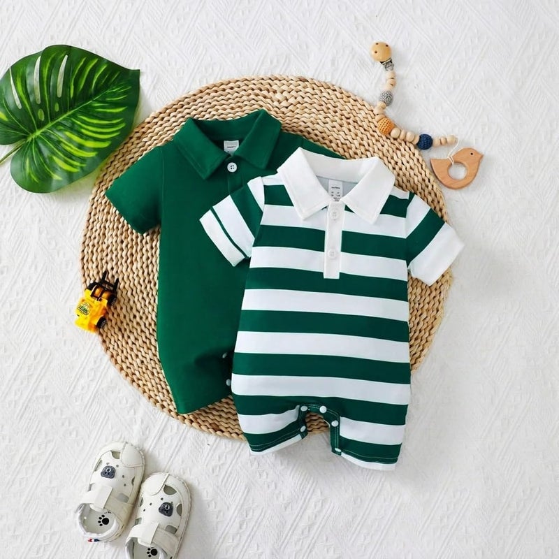 Baby Boy Girl Clothes Short Sleeve Polo Collar Romper Striped and Solid Infant Outfit Set 2PCS - Image 1