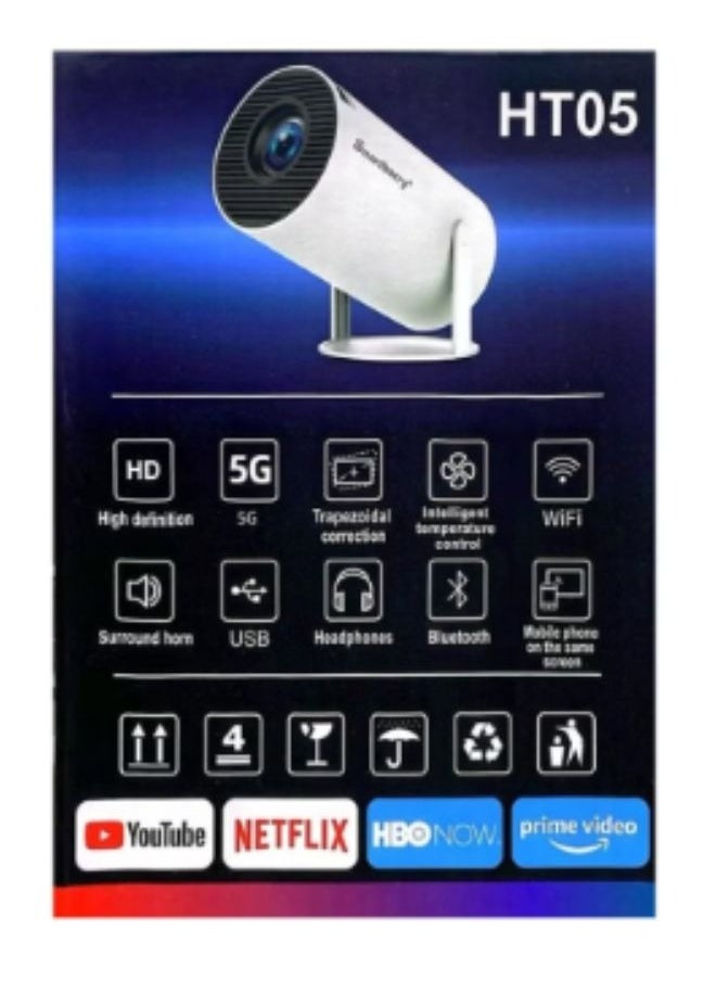 Smartberry - Smartbarry HT05 4K 1080P Mini Projector with WiFi & Bluetooth Portable Premium Android OS Projector, 210° Rotatable Stand, 8000+ Built-in Apps, Dust Removal & Heat Dissipation Design for Home Theater, Office, Gaming and Business - Image 1