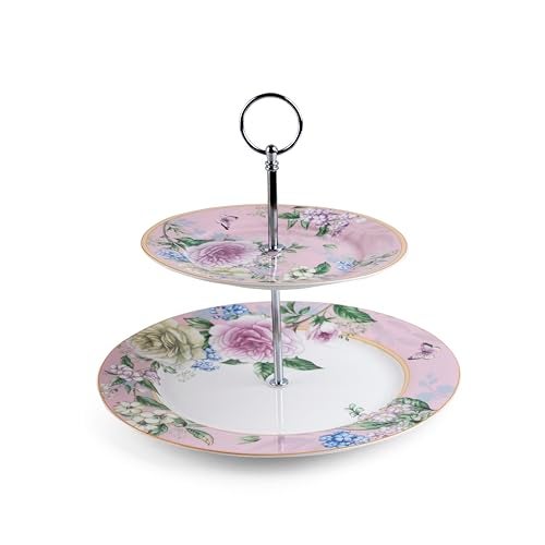 MGeezz Two-Tier Ceramic Floral Pink Cake Stand Dessert Serving Tray with Detachable Layers Party Tray for Cupcakes, Fruits, and Jewelries - Image 1