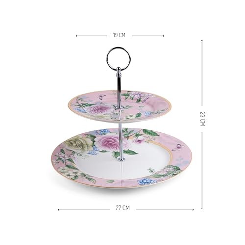 MGeezz Two-Tier Ceramic Floral Pink Cake Stand Dessert Serving Tray with Detachable Layers Party Tray for Cupcakes, Fruits, and Jewelries - Image 2