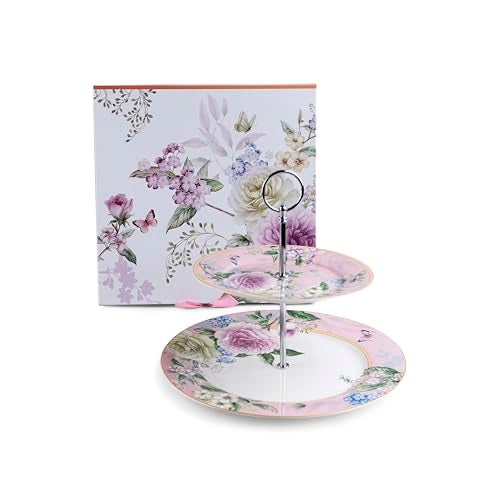 MGeezz Two-Tier Ceramic Floral Pink Cake Stand Dessert Serving Tray with Detachable Layers Party Tray for Cupcakes, Fruits, and Jewelries - Image 3