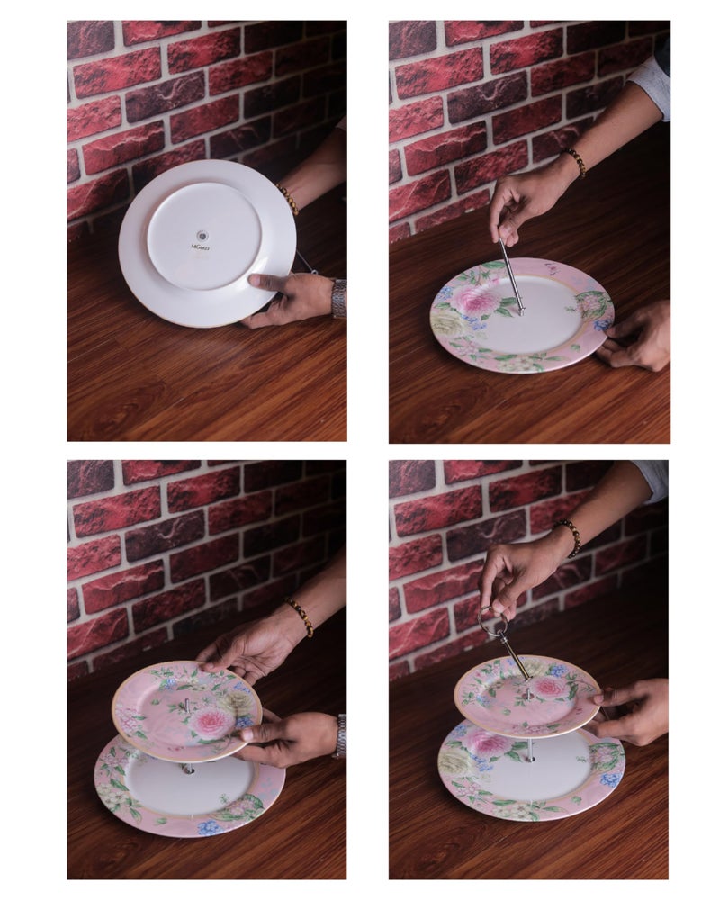 MGeezz Two-Tier Ceramic Floral Pink Cake Stand Dessert Serving Tray with Detachable Layers Party Tray for Cupcakes, Fruits, and Jewelries - Image 5