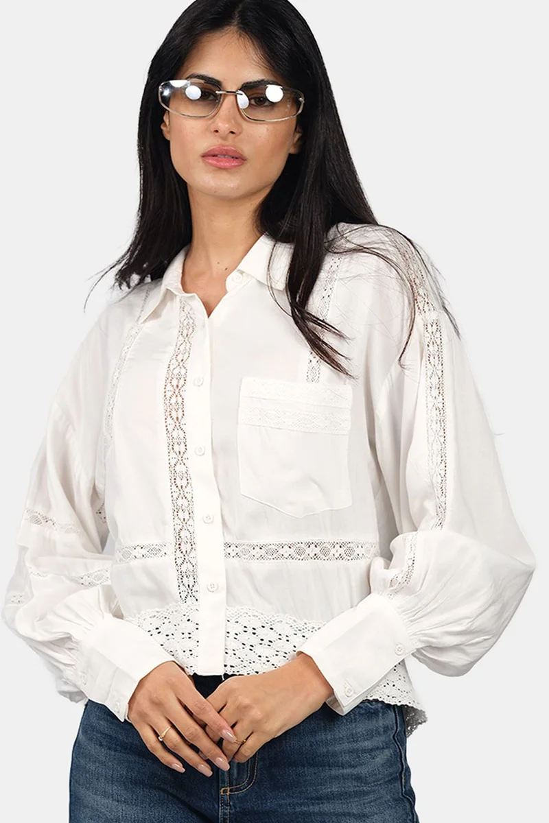 Virgio  Solid Viscose Lace Accent Overshirt for Women for Women | Best Price UAE