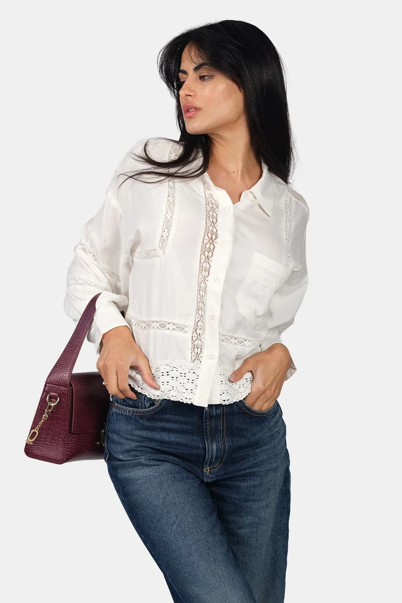 فيرجيو Solid Viscose Lace Accent Overshirt for Women