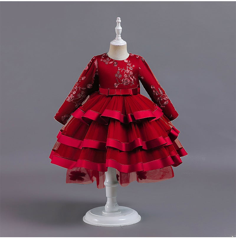 New Long Sleeve Girls Tulle Princess Dress Burgundy 