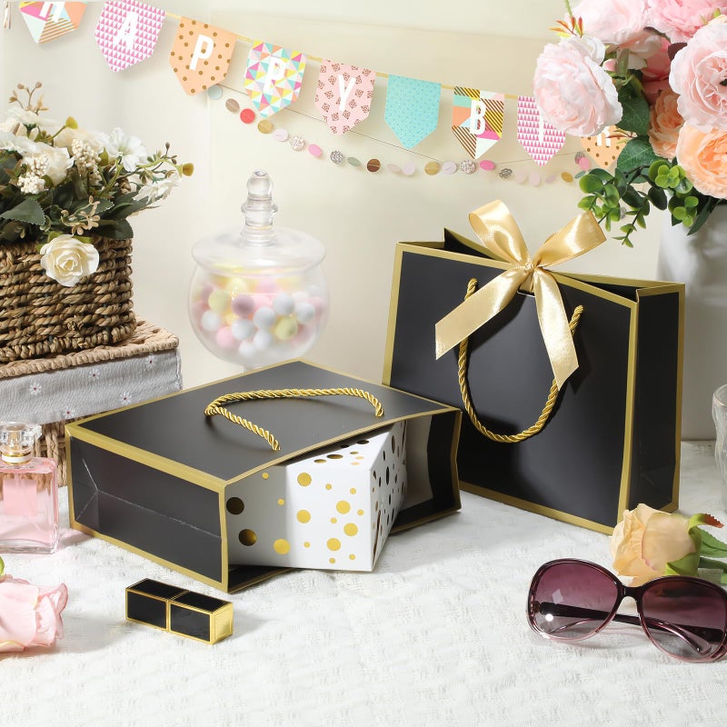 DOYIDE 2 Pack Thank You Gift Bags with Handles, 9x7x3.1in Paper Gift Bags with Bow Ribbon, Black Party Favor Bags for Any Birthday Wedding Baby Shower Bridesmaid Party Medium Gift Wrap Bags - Image 2