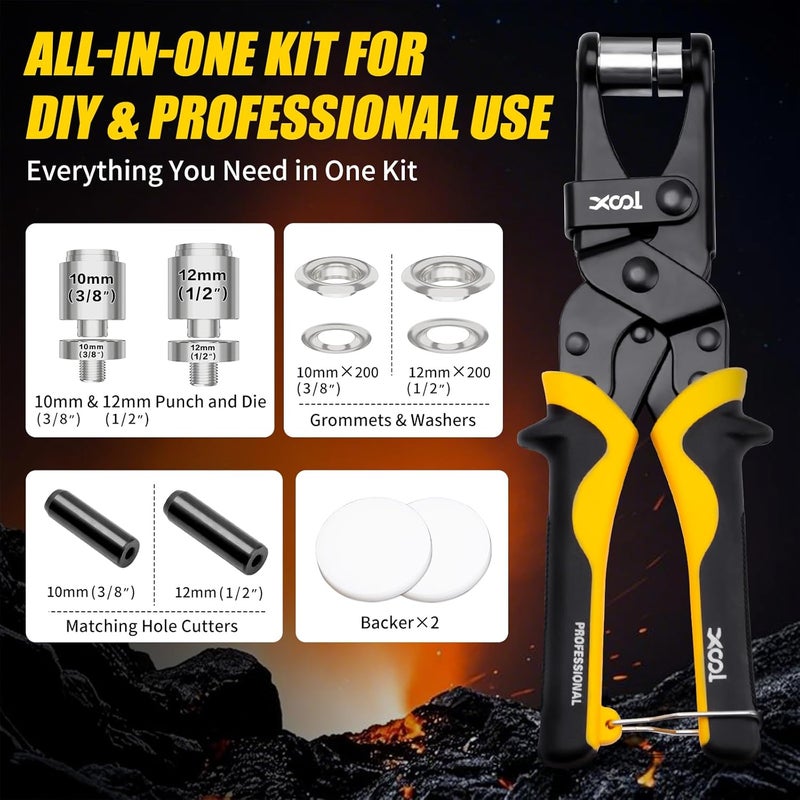 XOOL 2-in-1 Grommet Tool Kit, 1/2" & 3/8" 12mm&10mm Twist-Change Heads, Leathercraft Punching Tool with Magnetic System for Canvas, Leather, Tarps, DIY - 400PCS Grommets & Washers Included - Image 5