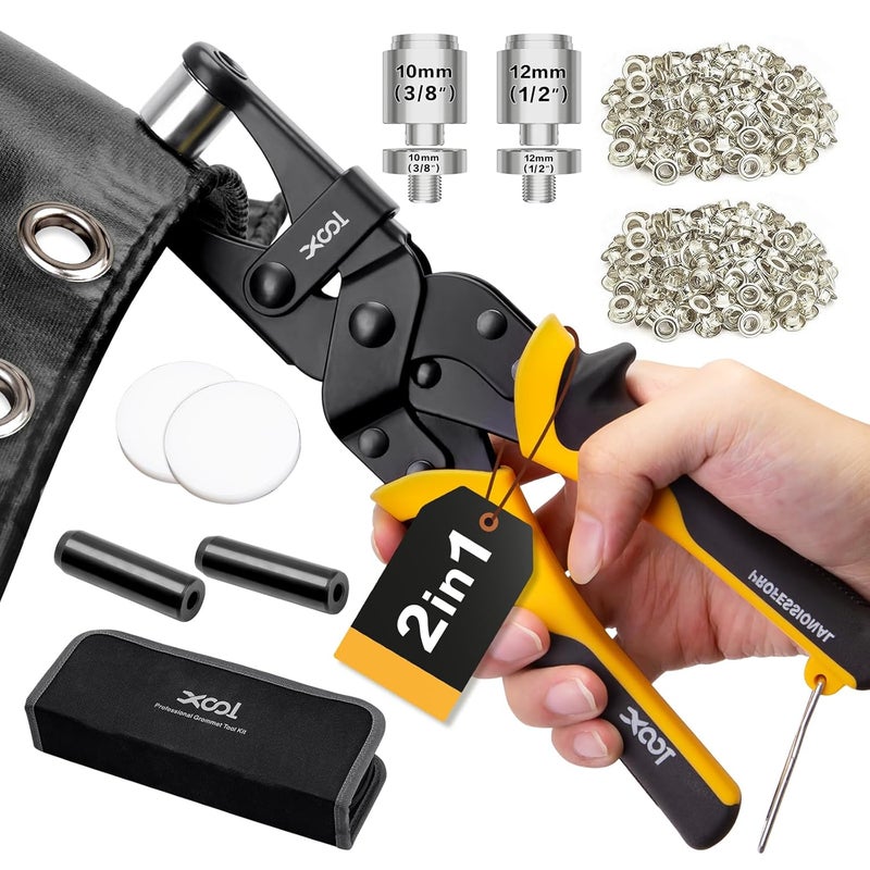XOOL 2-in-1 Grommet Tool Kit, 1/2" & 3/8" 12mm&10mm Twist-Change Heads, Leathercraft Punching Tool with Magnetic System for Canvas, Leather, Tarps, DIY - 400PCS Grommets & Washers Included - Image 1