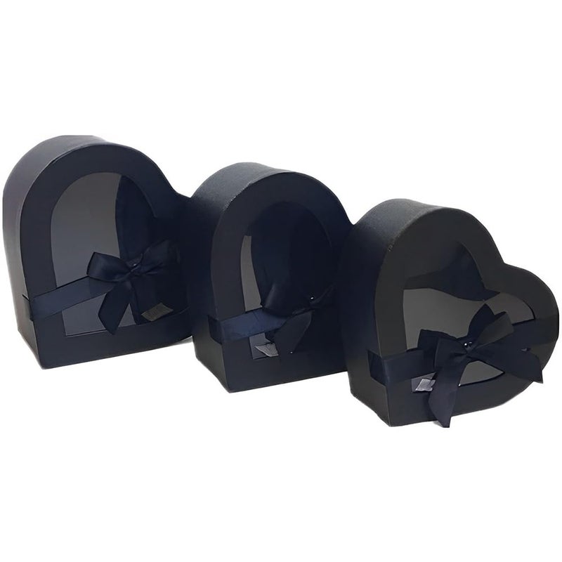 BBJ WRAPS Heart Shaped Boxes for Flowers Packaging with Transparent Window Lids Luxury Gift Box for Floral Arrangement Set of 3SML Black