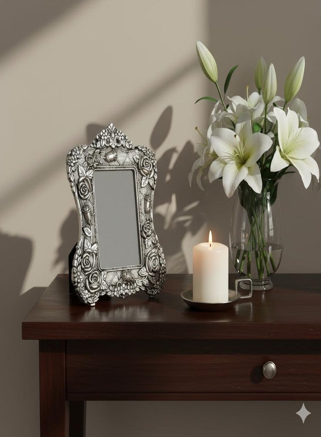 NATRIEL Silver Color Rose Flower Engraving Photo Frame Oxidized Finish Showpiece, Decor Gift, 19cm x 24cm Personal Gift for Him and Her - Image 3